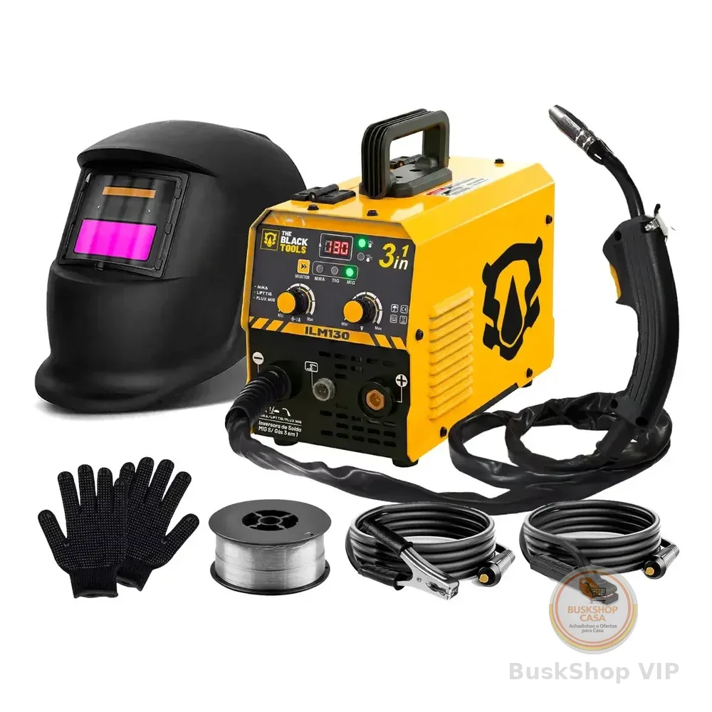 Maquina Inversora De Solda Mig Sem Gás 130a 3 Em 1 Tig Lift Com Acessórios Amarelo The Black Tools 220v