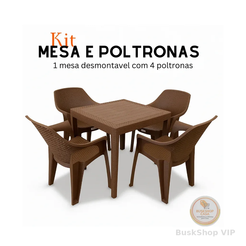 Kit Jogo De Mesa com 4 Cadeiras Rattan Empilhável