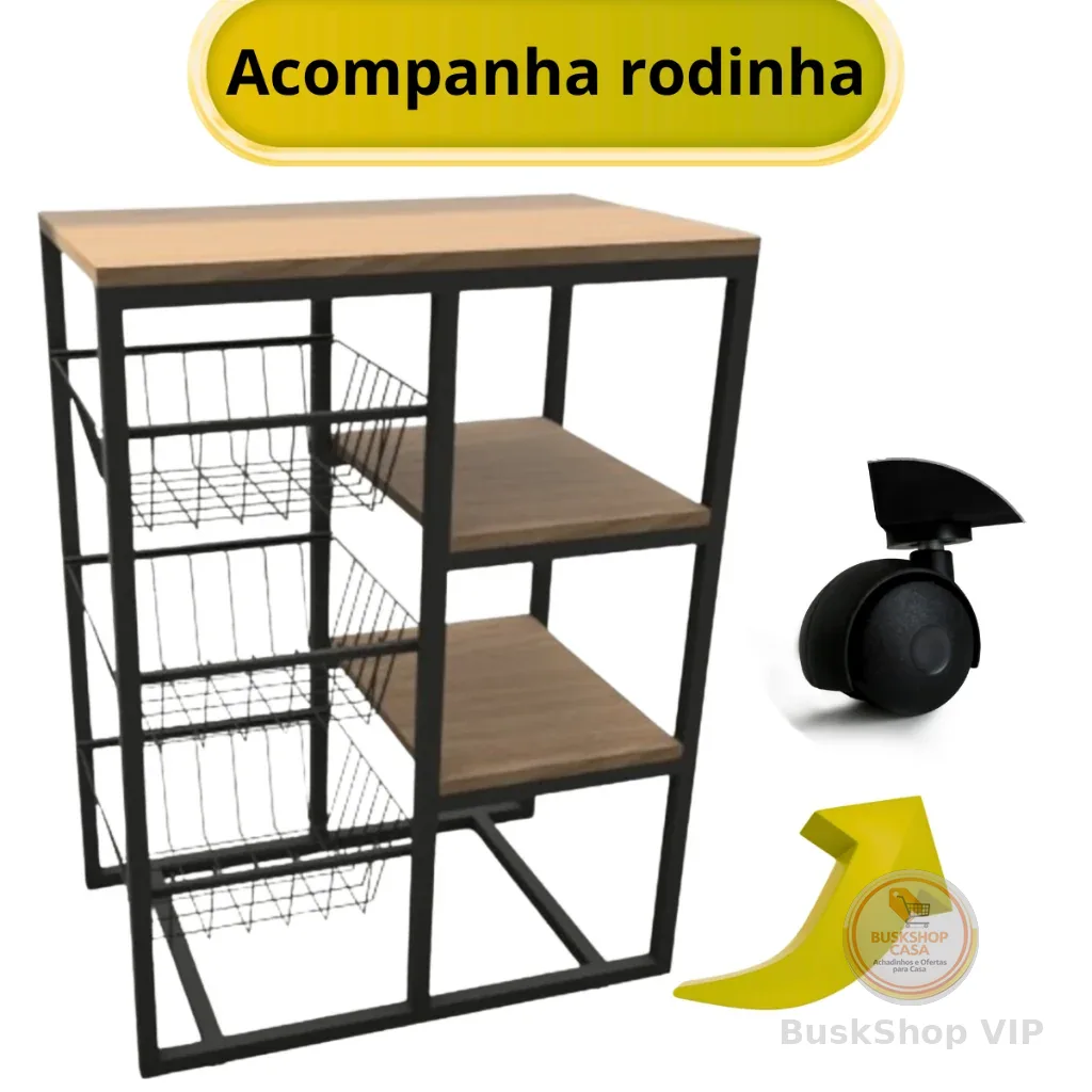 Fruteira 3 Cestos Suporte Microondas Bebedouro Rodinha Preto Branco