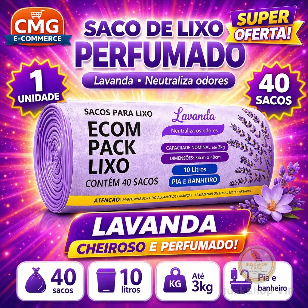 Saco de Lixo Lavanda 10L – Perfumado, Ante Odor e Resistente p/ Banheiro, Pia e Cozinha