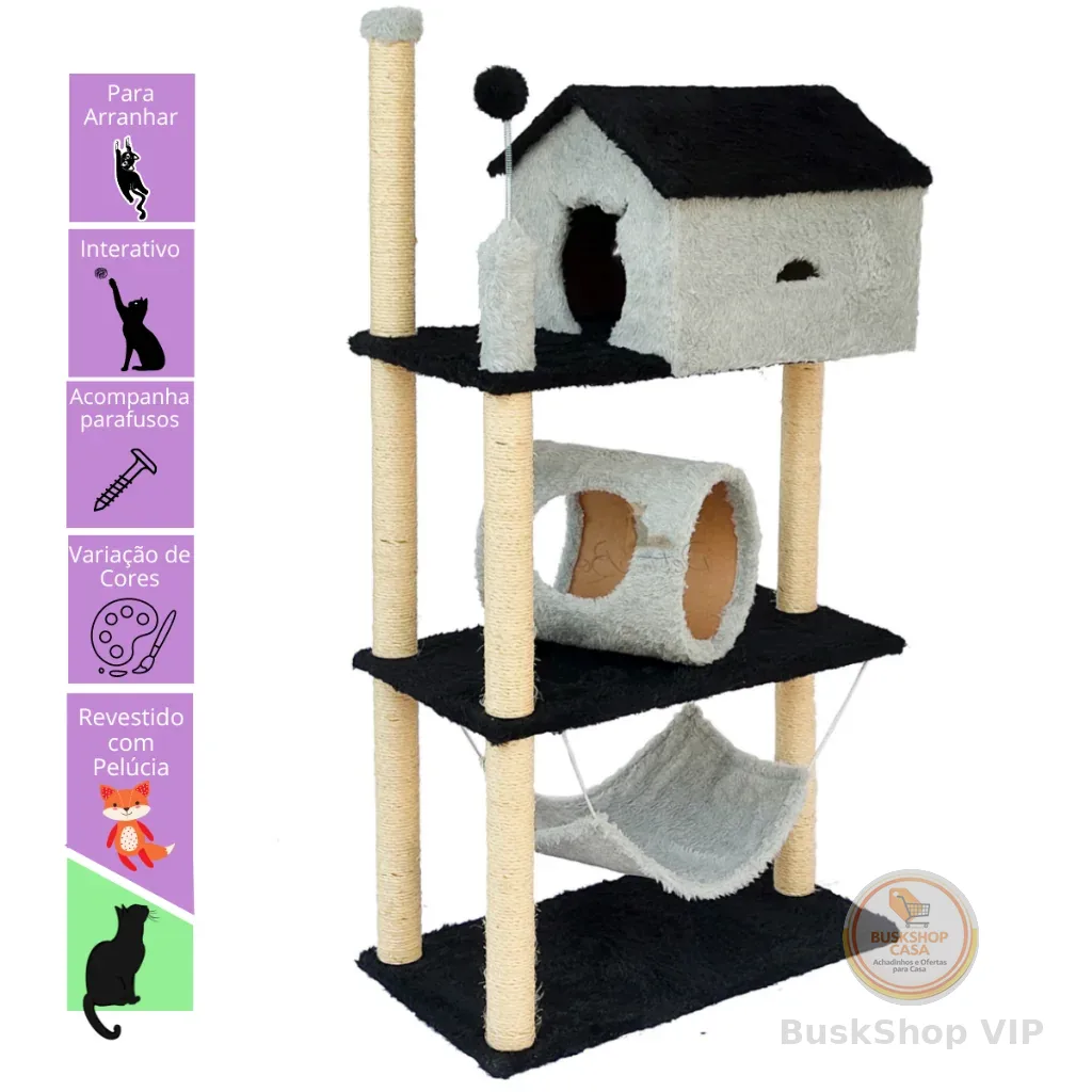 Arranhador Casinha para Gatos 3 Andares Túnel e Rede Brinquedo Torre Poste Sisal Cama
