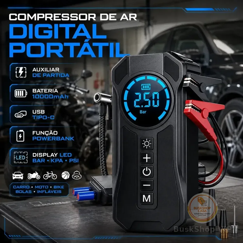 Mini Compressor De Ar Portátil Bateria Emergência Ignição Automotiva Potente Preto Compacto 127/220v