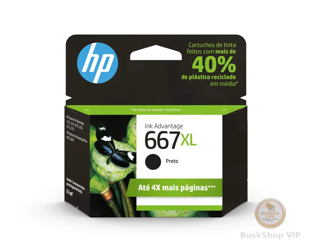 Cartucho HP 667XL Preto Original (3YM81AB) Para HP Deskjet 2376, 2776, 6476, 5076, 52765076, Impressora HP 5276