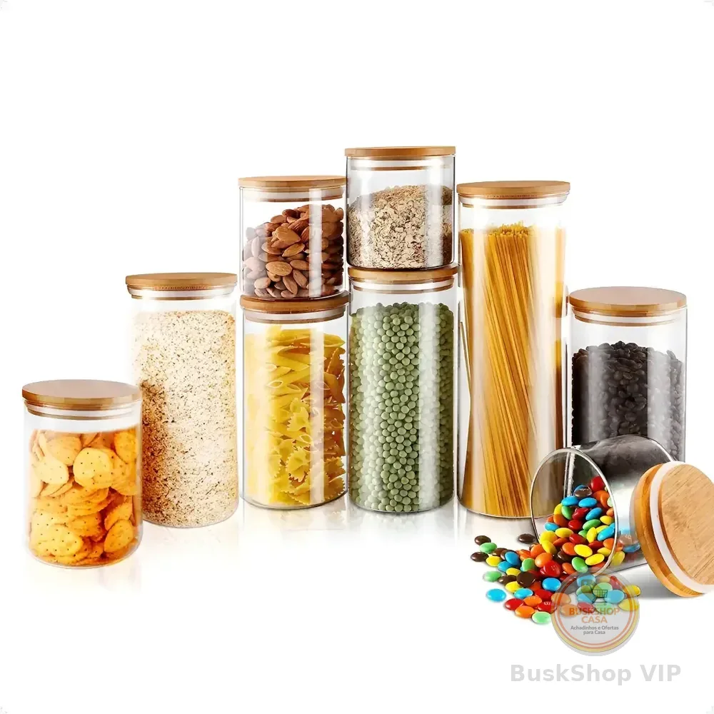 Kit 9 Potes Mantimentos Vidro Herméticos Com Tampa Bambu Alta Resistência Epsilon EPS-709