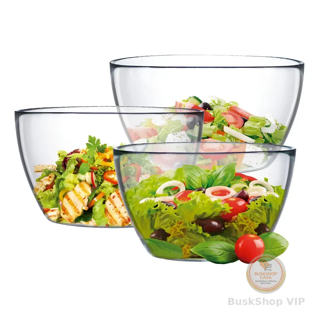 Bowl de Vidro Ruvolo Kit 3 Peças Transparente Tigela Para Salada Sobremesa Cozinha Mesa Fruteira