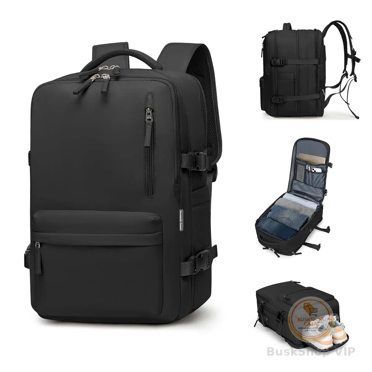Romantic Crown Mochila de Viagem Expansivel Avião Grande Feminina,Mochila Executiva Masculina Impermeável Reforçada para Notebook,Casual Esportes Hiking Escola Presente (Todo Preto)