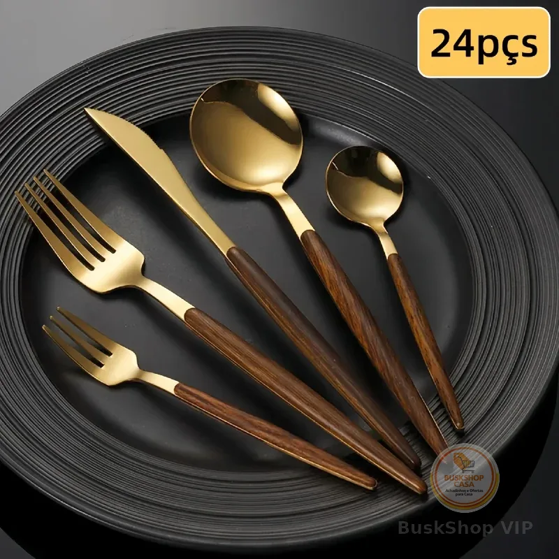 Faqueiro 24/48 Peças Aço Inox Cabo Estampa De Madeira