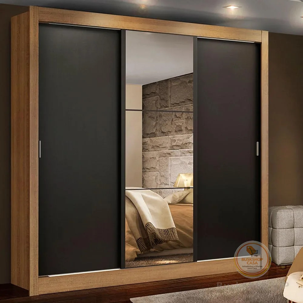 Guarda Roupa Casal Madesa Lyon 3 Portas de Correr com Espelho 2 Gavetas