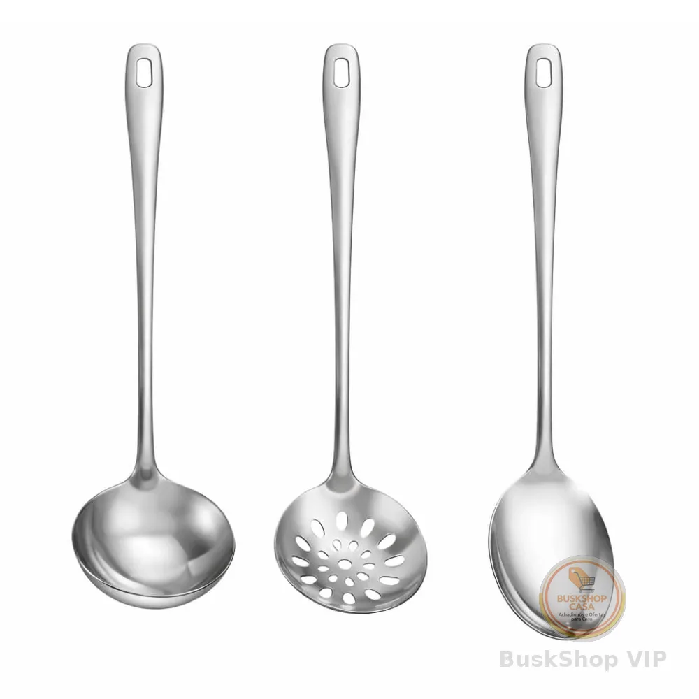 Kit Utensílios de Cozinha 3 Peças em Aço Inox – Escumadeira, Concha e Colher de Arroz – Resistente e Durável