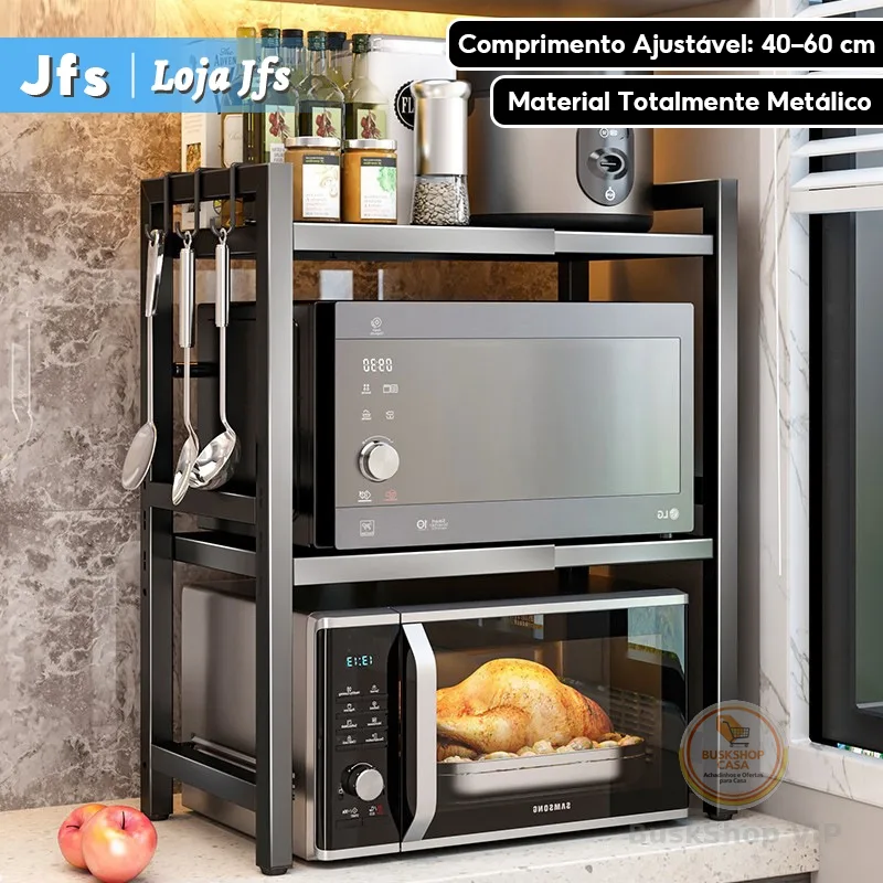Suporte de Microondas Ajustável em Aço Carbono I Prateleira de 2/3 Camadas I Prateleira de Armazenamento de Cozinha