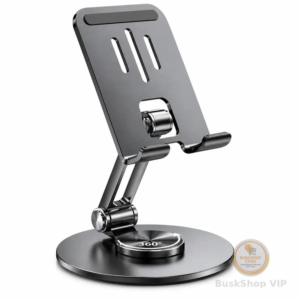 Suporte para Celular e Tablet de Mesa em Alumínio 360° Ajustável e Dobrável com Base Antiderrapante – Ergonômico, Portátil e Compatível com Smartphones e Tablets
