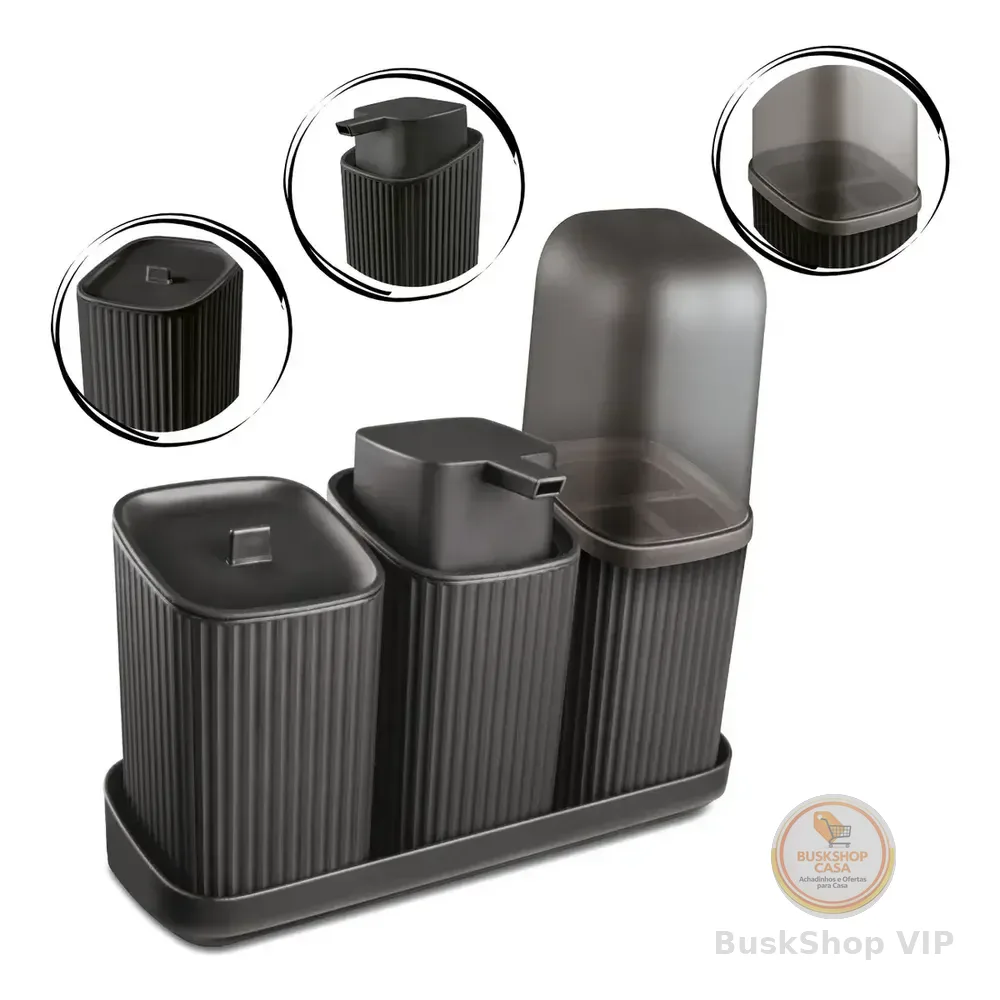 Kit Para Banheiro 3 Peças Dispenser Porta Algodão Escova