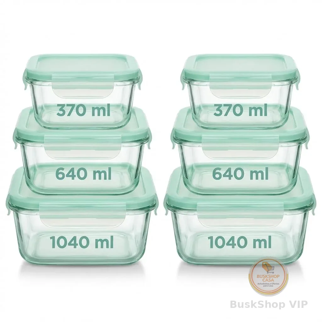 Conjunto 6 Potes Herméticos de Vidro com Tampa, 370ml 640ml 1040ml | Vedação Airtight, Ideal para Geladeira, Ideal para Freezer, Ideal para Marmita, Tampa Branca