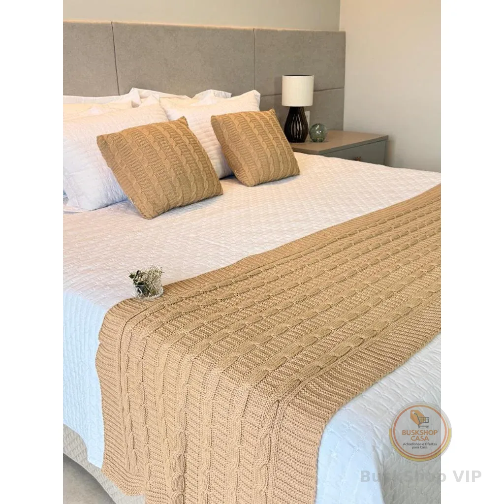 Kit Manta Peseira de Tricot + Capas de Almofada para Cama Sofá Casal Queen King Decoração Trança FI