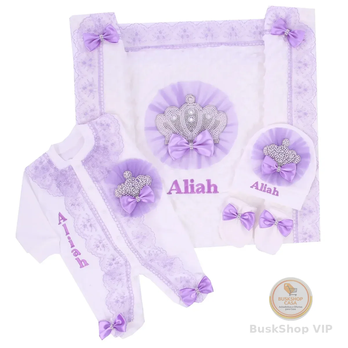 Conjunto de 5 peças de renda lavanda para bebês meninas, cobertor artesanal para recém-nascidos, caixa de presente, roupas 0-3m, joias bordadas, coroa, capô, parajams