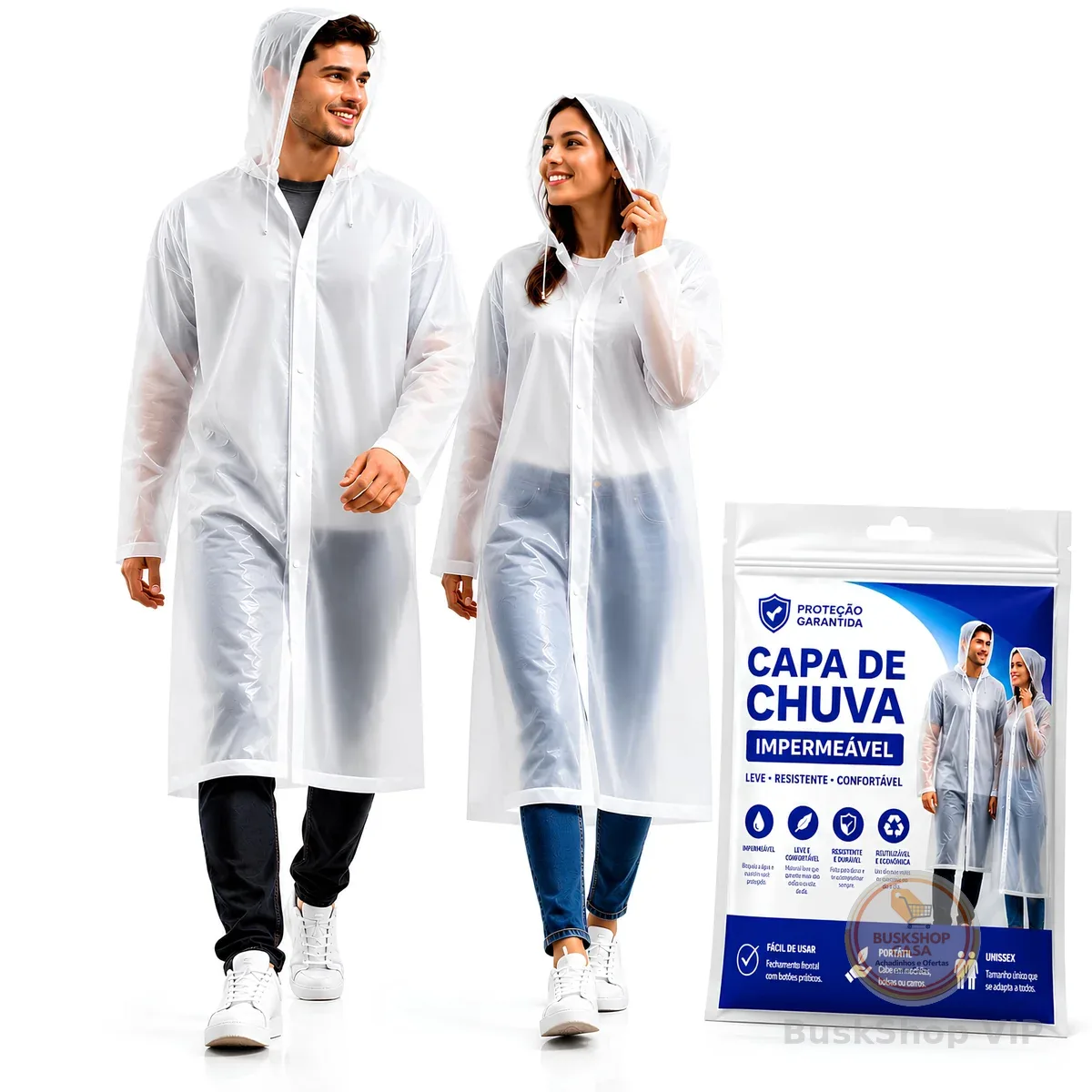 Capa de Chuva Impermeável em EVA Reutilizável Unissex com Capuz e Botões Frontais Transparente Resistente para Motoqueiro Caminhada Viagem Passeios Camping Trilhas Eventos Shows Proteção Contra Chuva.
