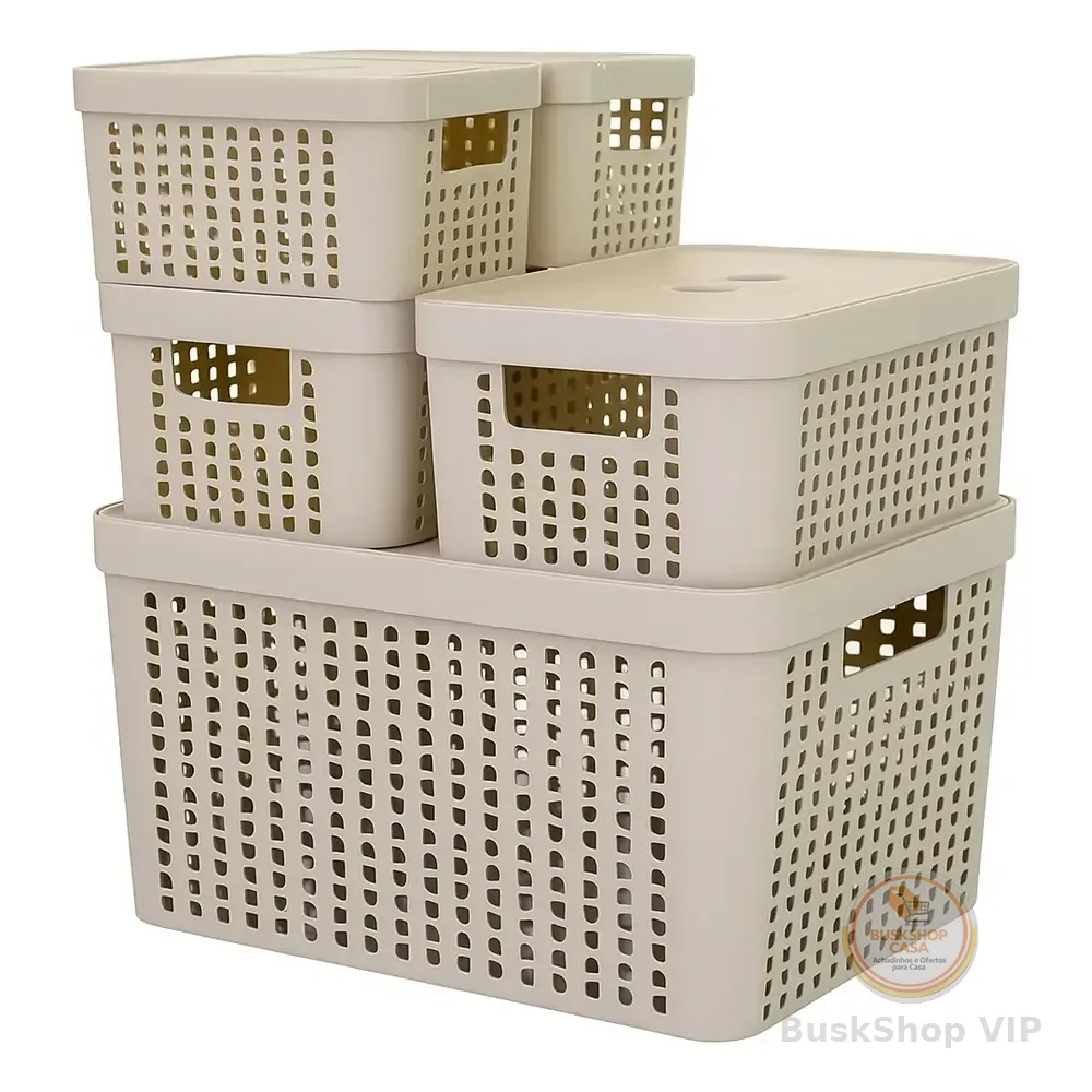 Kit 5 Caixas Organizadoras 2l 4,5l 17l Com Tampa Multiuso Cor Bege