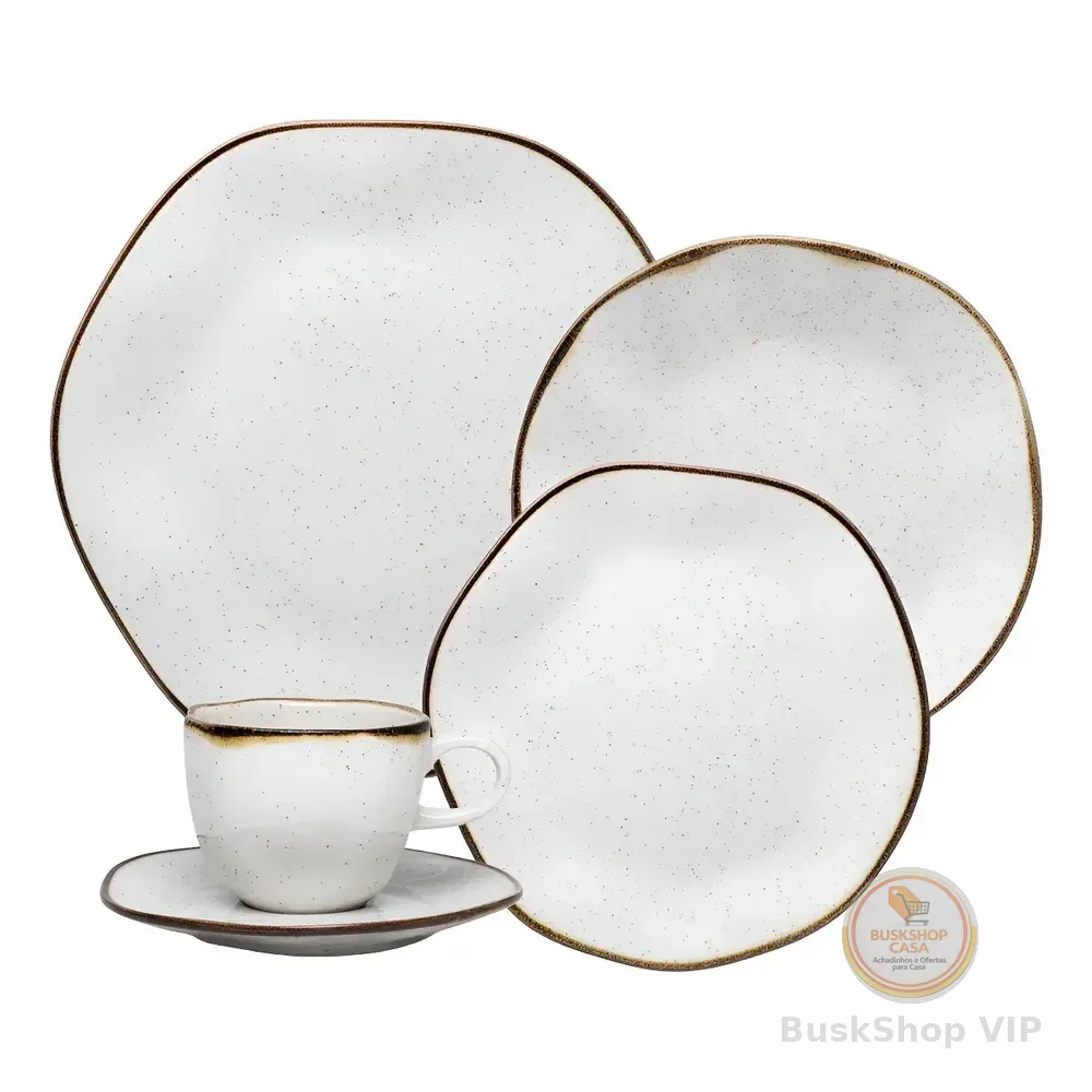 Aparelho De Jantar 30 Peças Ryo Maresia Oxford Porcelana Branco e Marrom