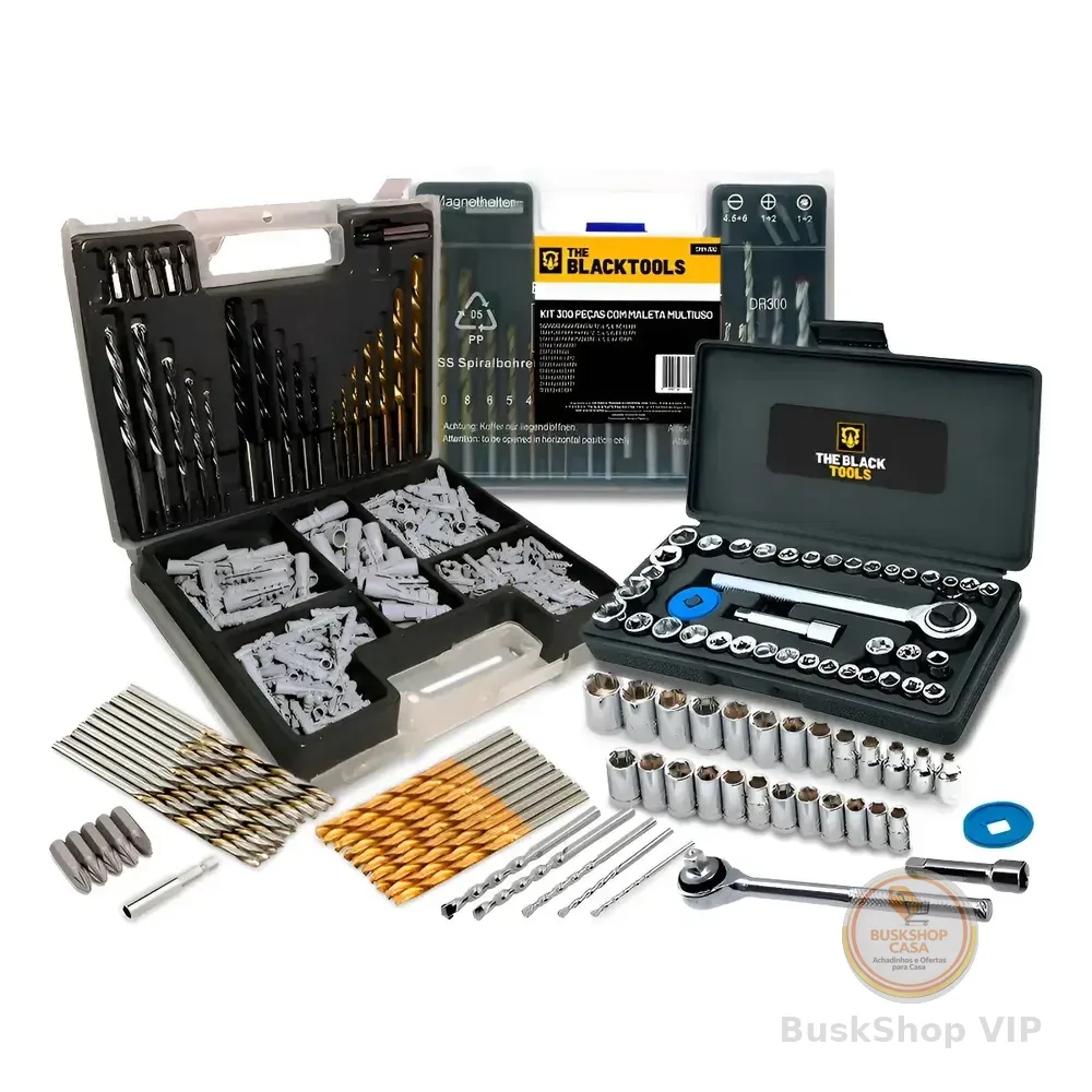 Jogo De Brocas Buchas E Bits Com 300 Peças E Maleta + Kit Chaves Catraca Reversível 40 Peças The Black Tools