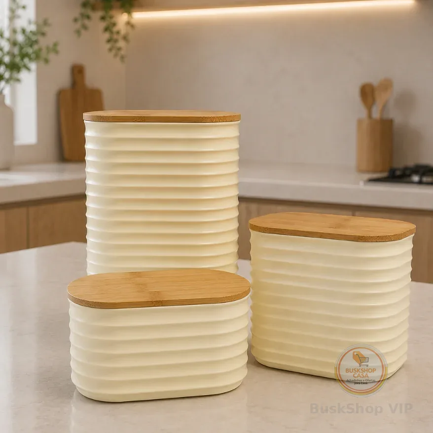 Kit 3 Potes Herméticos Mantimentos Tampa de Bambu Organizador Cozinha 1550ml 1000ml 400ml