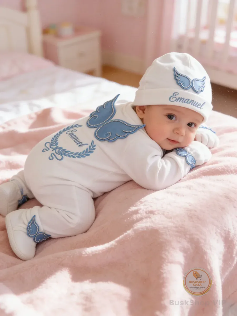 Conjunto de Roupa de Anjo para Recém-Nascido - Branco e Azul Bordado |   Presente de Algodão Macio para Bebês para Batismo/Sessão de Fotos