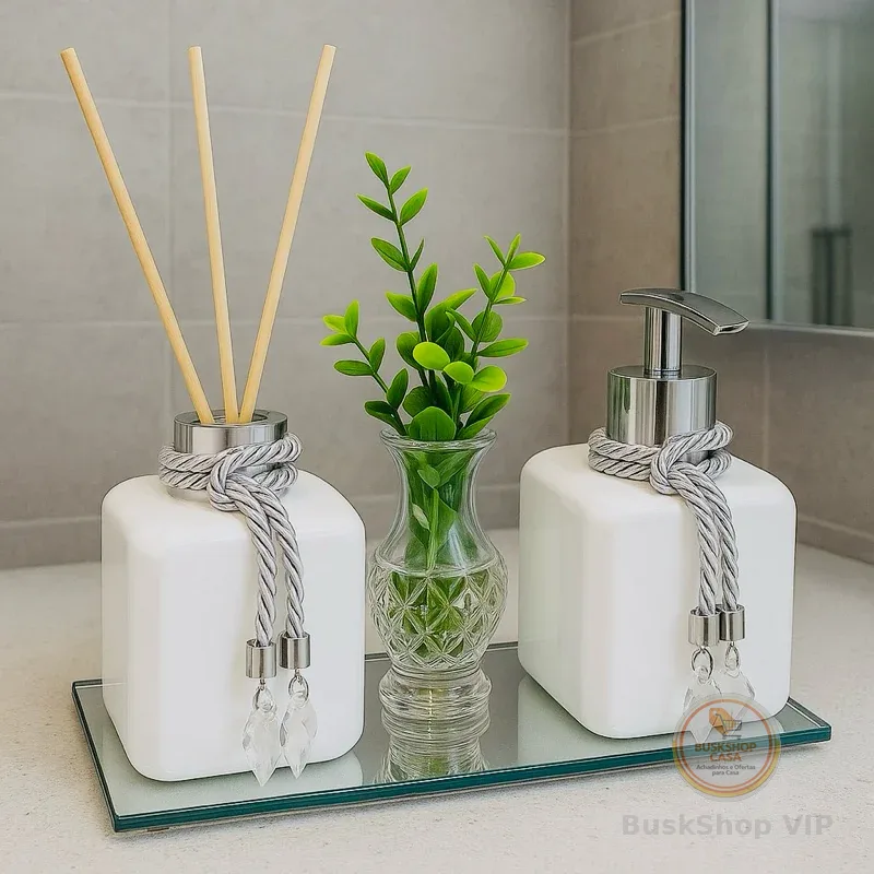 Kit Lavabo Banheiro Aromatizador de Ambiente e Sabonete Líquido Com Bandeja Luxo com vasinho