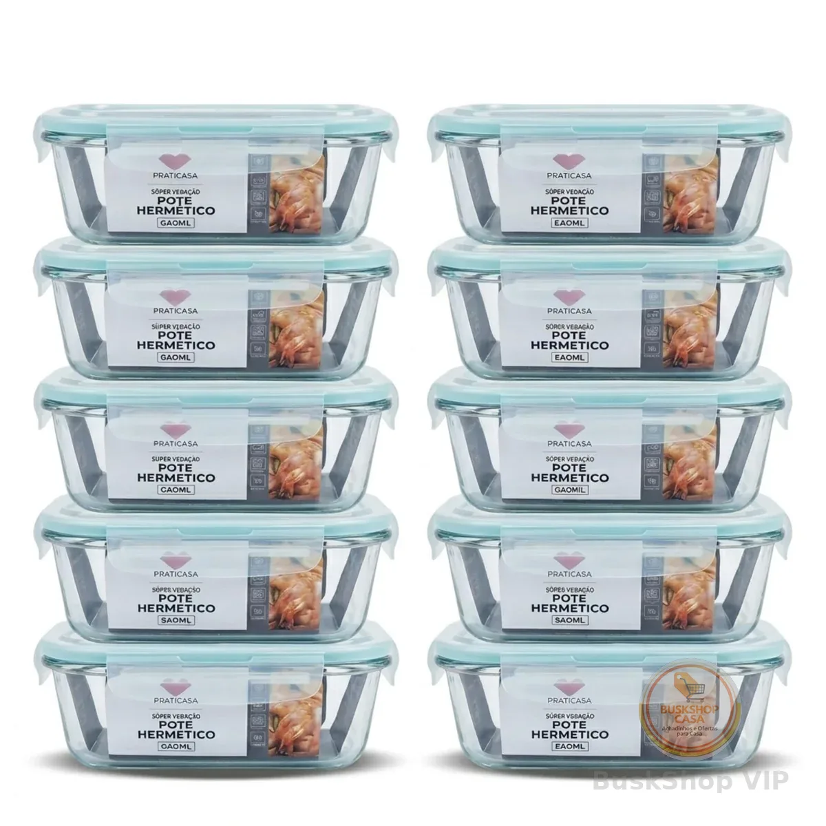 Pote de Vidro Hermético 640ml Retangular Kit 10 Unidades Marmita