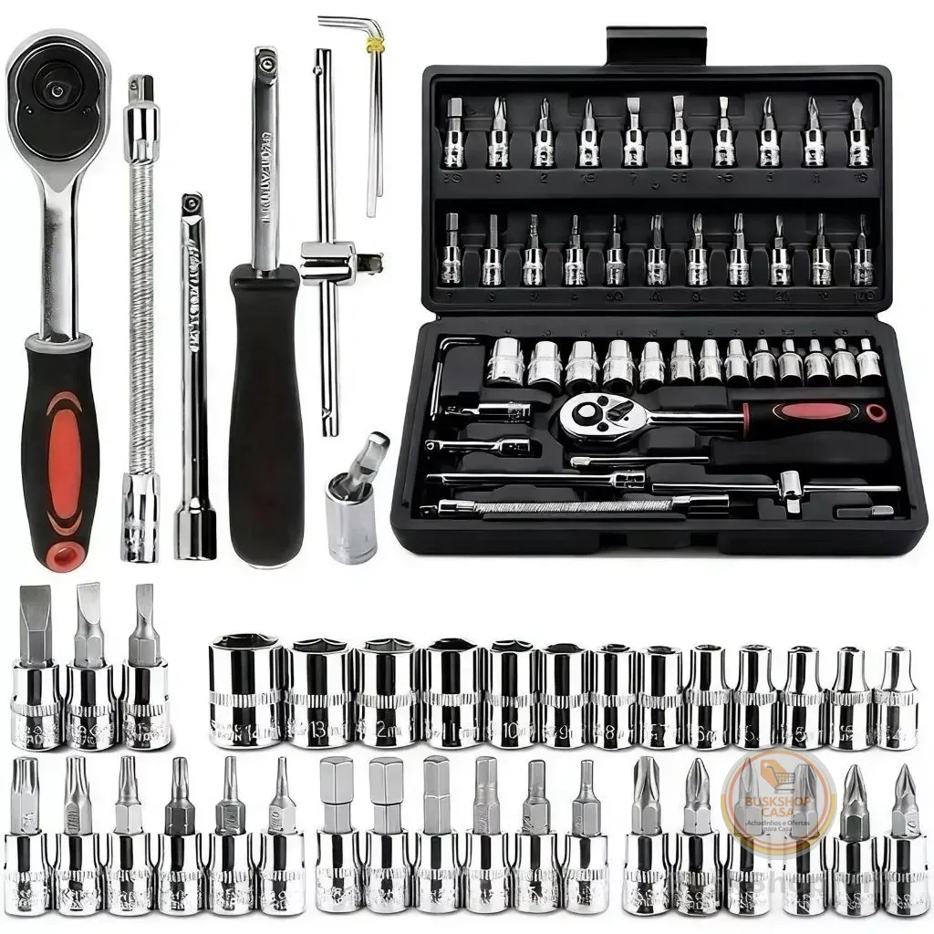 Kit De Ferramentas 46 Peças Jogo De Soquetes Chave Catraca Reversível Com Maleta Jogo Completo