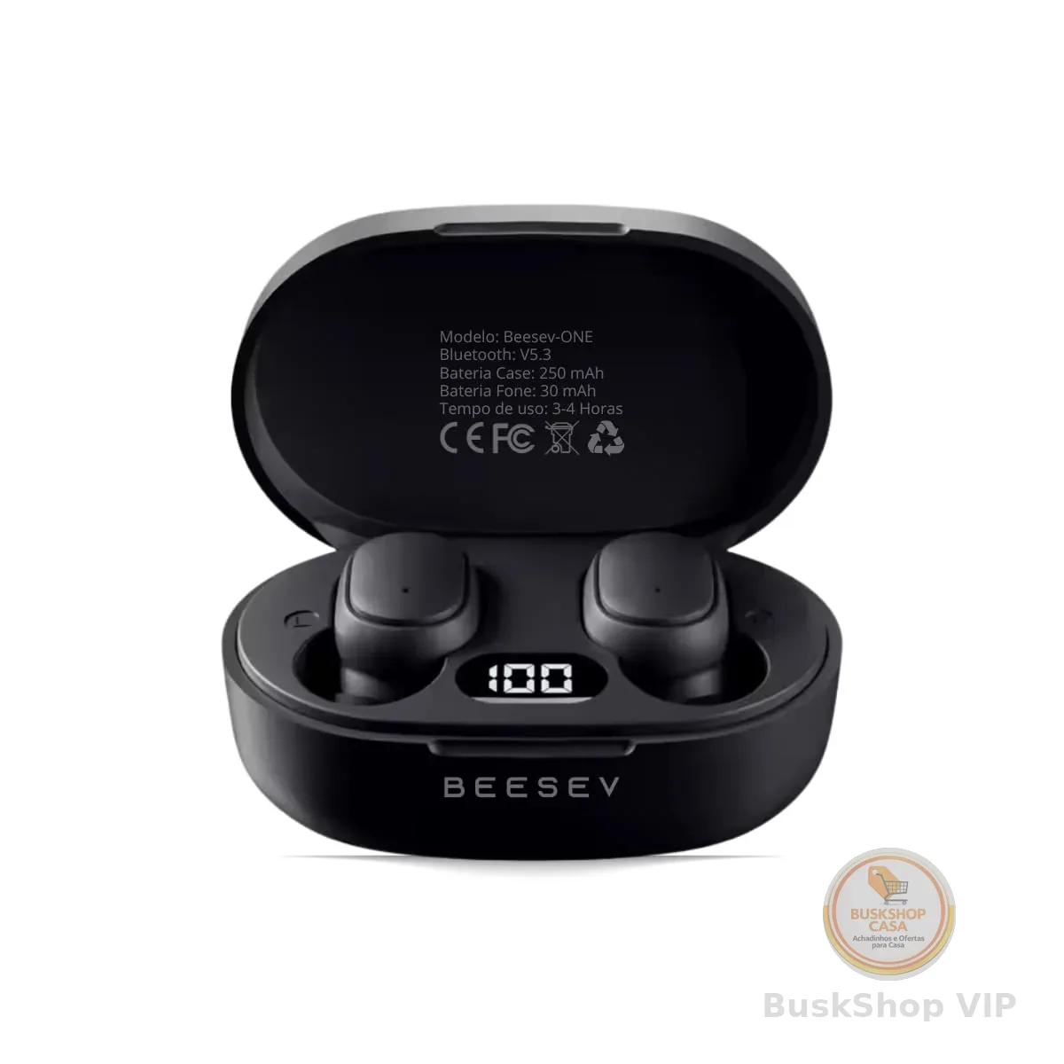 Fone de Ouvido Bluetooth 5.3 TWS Sem Fio Wireless Com Visor Graves Potente Compatível com iOS e Android, Beesev-ONE (Preto)