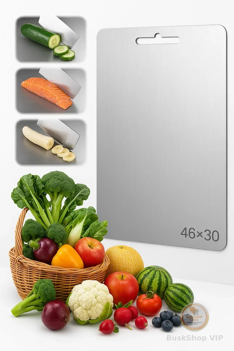 Tábua de Corte de Titânio para Cozinha Aço Inoxidável e PP, Superfície Higiênica para Carnes, Frutas e Vegetais, Afiador Integrado, Canaletas Antirrespingo, Base Antiderrapante Tábua Inox de Cortar