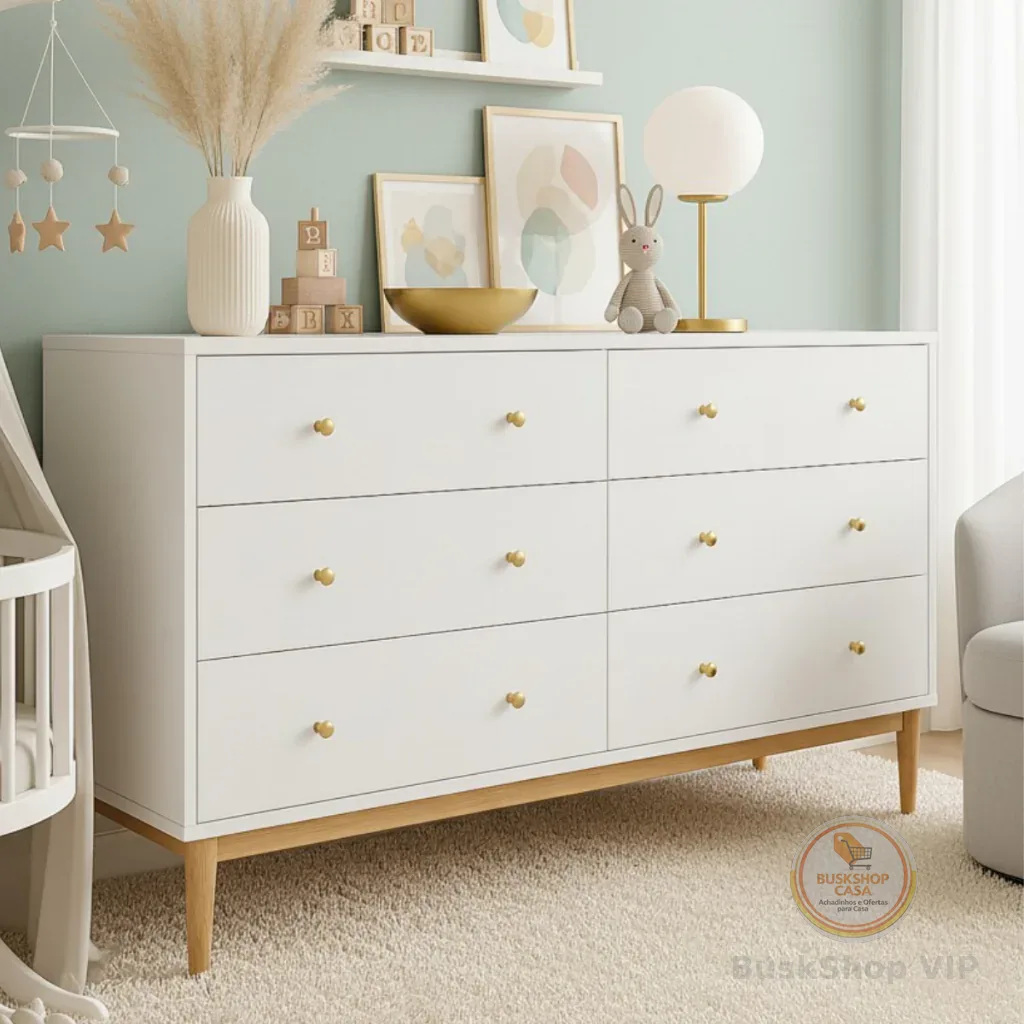 Cômoda Oslo 6 Gavetas Luxo Design Moderno cores premium P/ Quarto Casal sala quarto infantil Bebê Fraldário