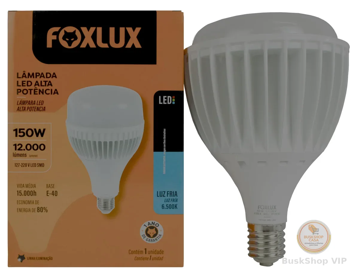 Lâmpada LED Alta Potência Foxlux 150W 6500K Branco Frio E40 12.000lm Bivolt para Galpões e Garagens