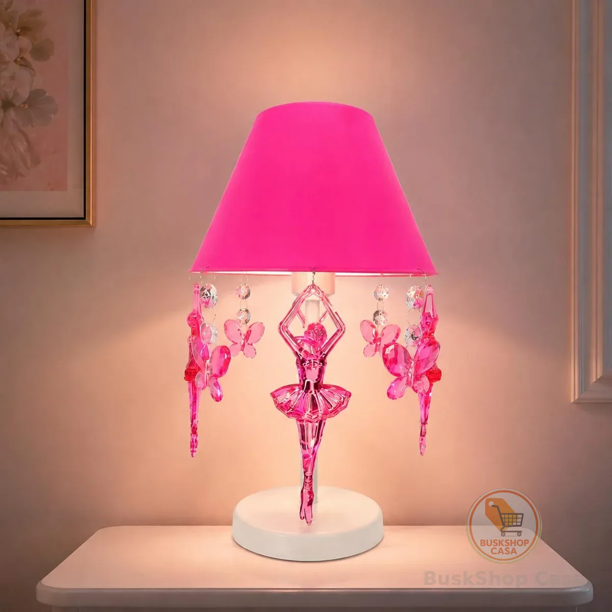 Abajur Infantil Luminária de Mesa Borboletas Bailarinas Decoração Quarto Bebê Menina Rosa Pink Acrílico Branco