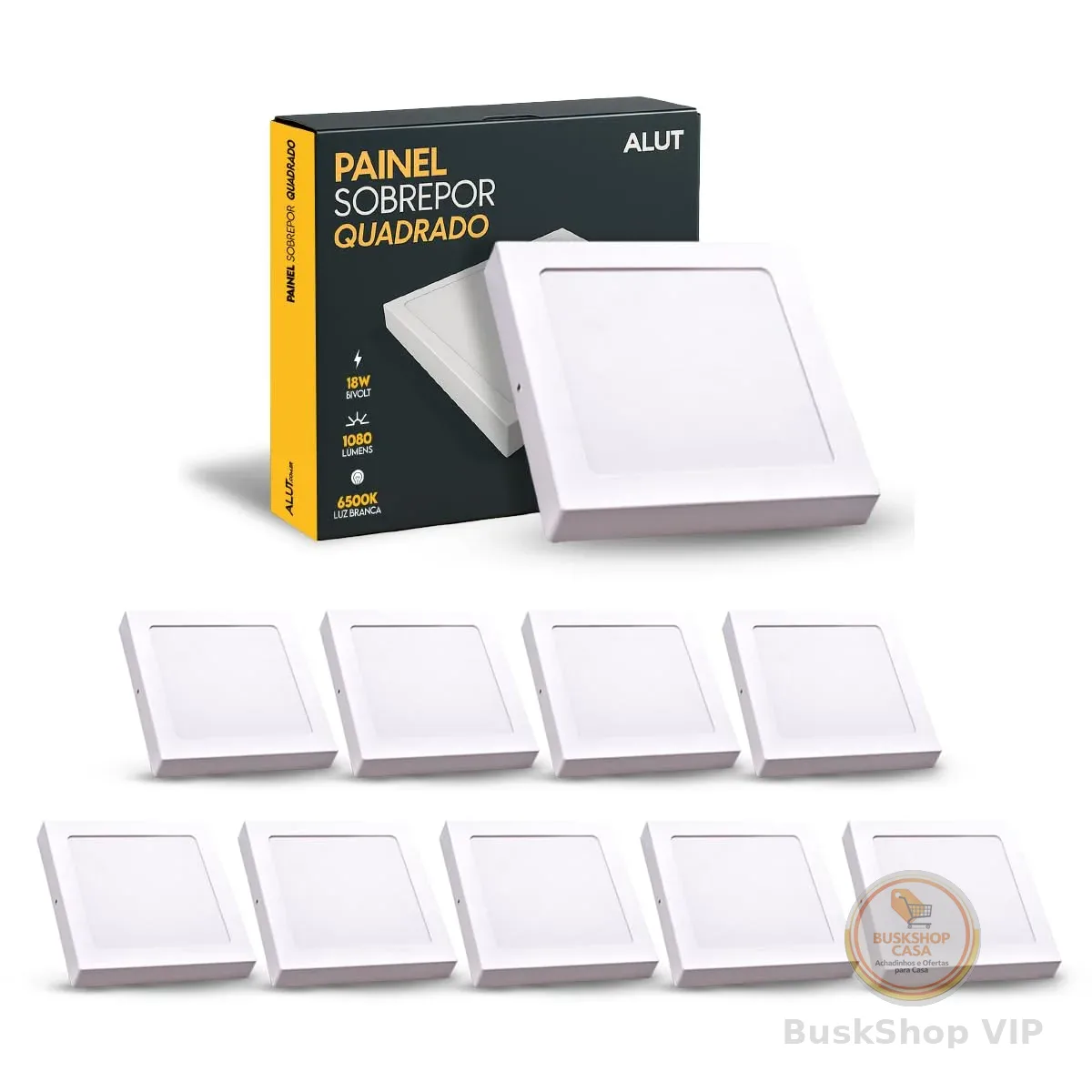Kit 10 Unidades ALUT Painel LED de Sobrepor Quadrado, 18W Plafon 6500K Branco Frio, Luminária Bivolt Slim de Instalação Rápida
