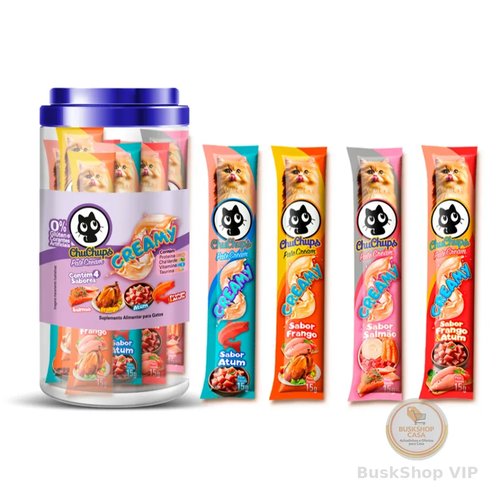 Petisco Para Gatos ChuChups Cream Pote Sortido com 24 Tubos de 15g Lançamento Tipo Churu e Truly
