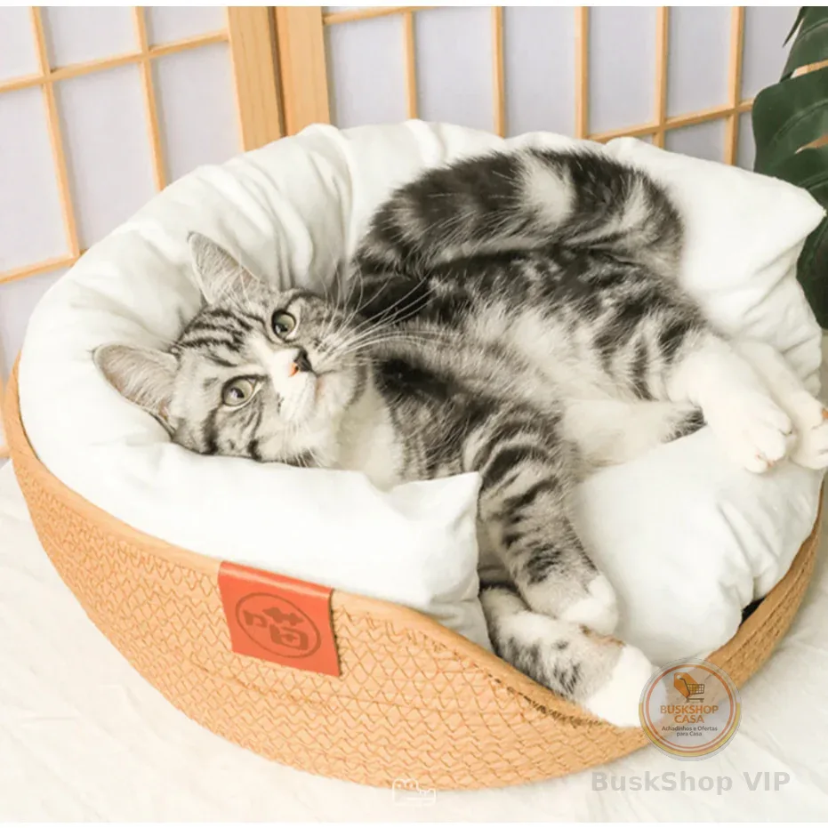 Cama de Bambu Natural para Pet com Travesseiros