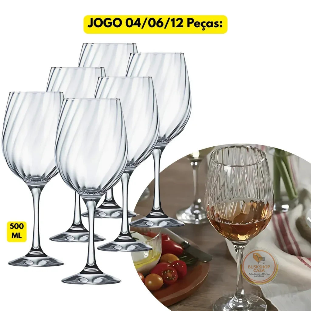 Jogo Kit 04/06/12 Taças Vinho Vidro 500ML Ravena Chique Luxo Restaurante Servir Hotel Bebidas Drink