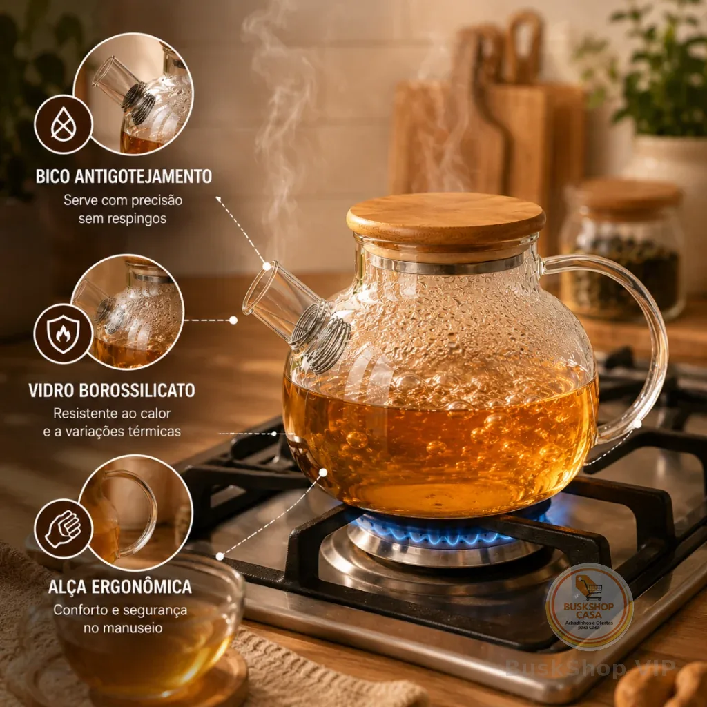 Chaleira de Vidro Borossilicato para Fogão com Filtro Inox e Tampa de Bambu 1000ml