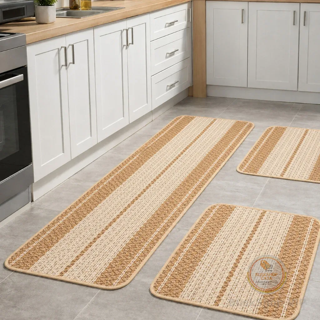 Jogo De Tapete 3 Peças Passadeira Para Cozinha de Crochê Luxo Antiderrapante Decorativo Liso Listrad
