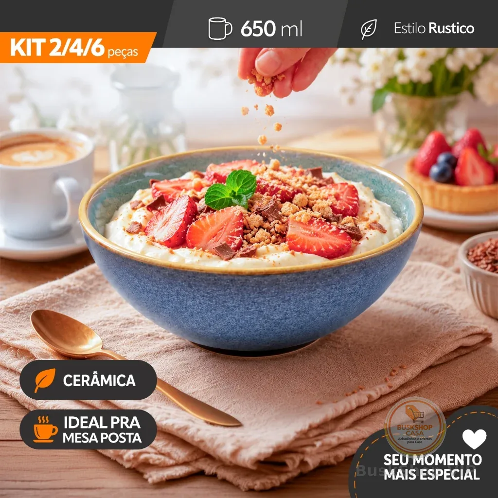 Kit 2/4/6 Tigela De Cerâmica 650ml Bowl Esmaltada Azul Mesa Posta Multiuso