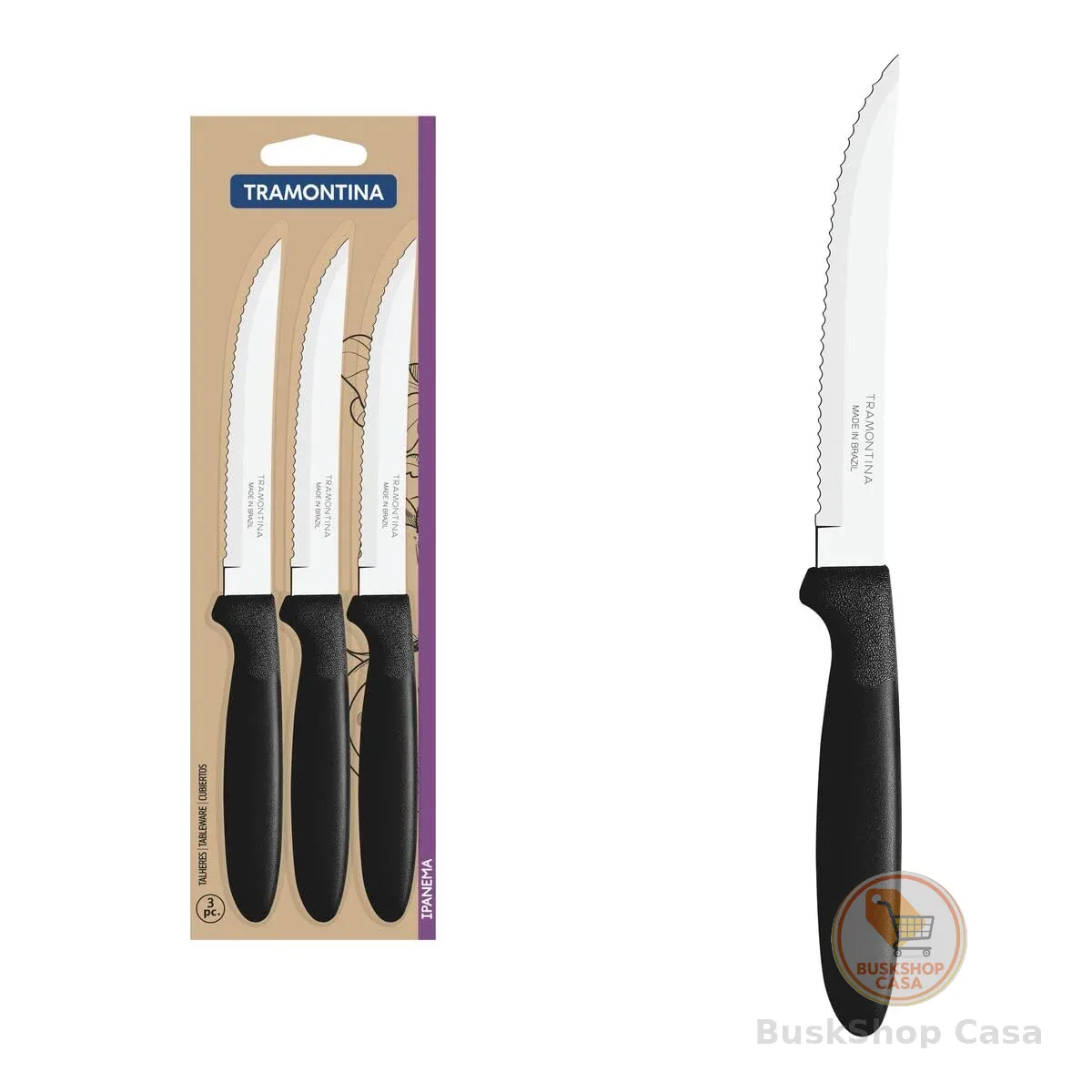 Conjunto De Facas Para Churrasco Tramontina Ipanema Com Lâminas Em Aço Inox E Cabos De Polipropileno Preto 3 Peças