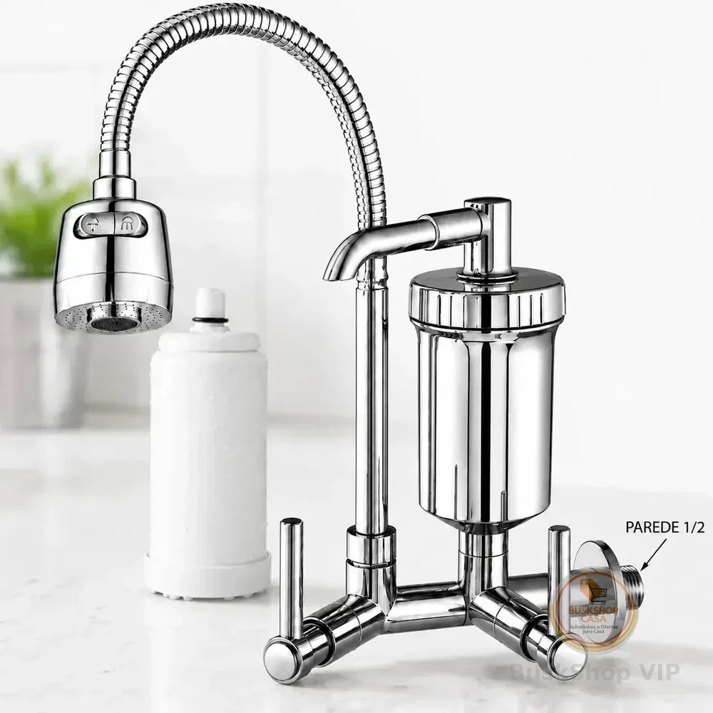 Torneira Com Filtro Com Purificador Agua Bica Flexível Gourmet para Cozinha Parede Luxo Chuveirinho 2 Modos de Jatos