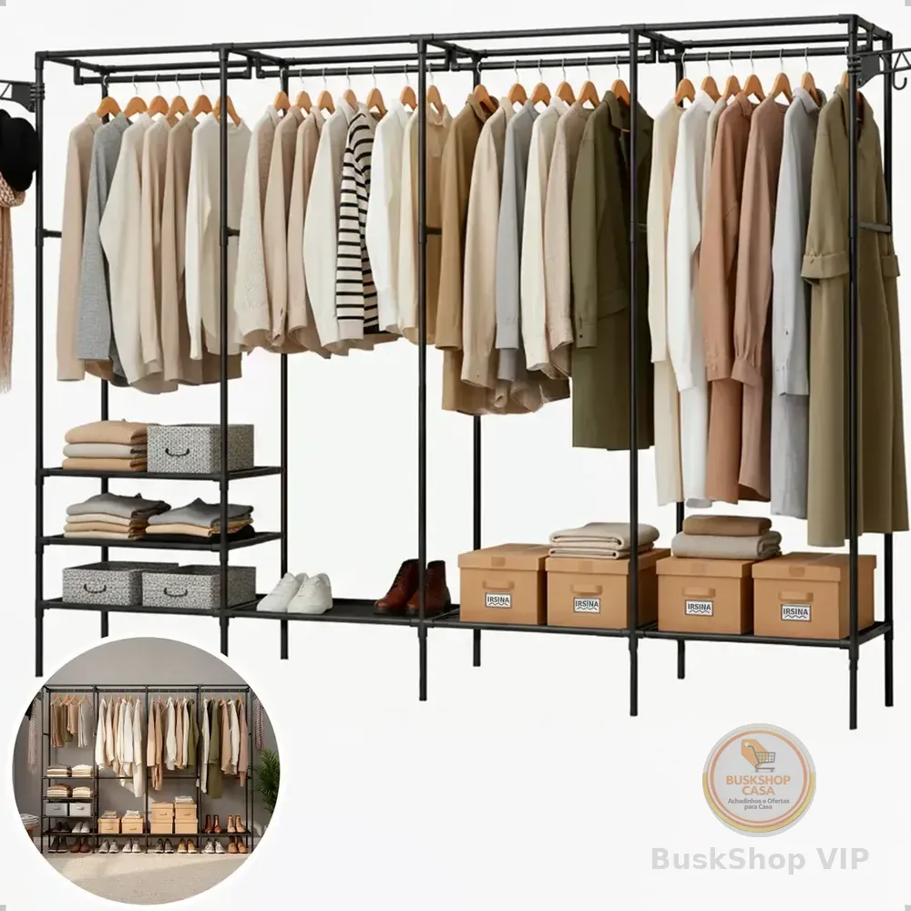 Guarda Roupa Cabideiro Organizador Closet Aberto Desmontavel Arara Divisórias 10 Prateleiras Aço Resistente Preto Irsina