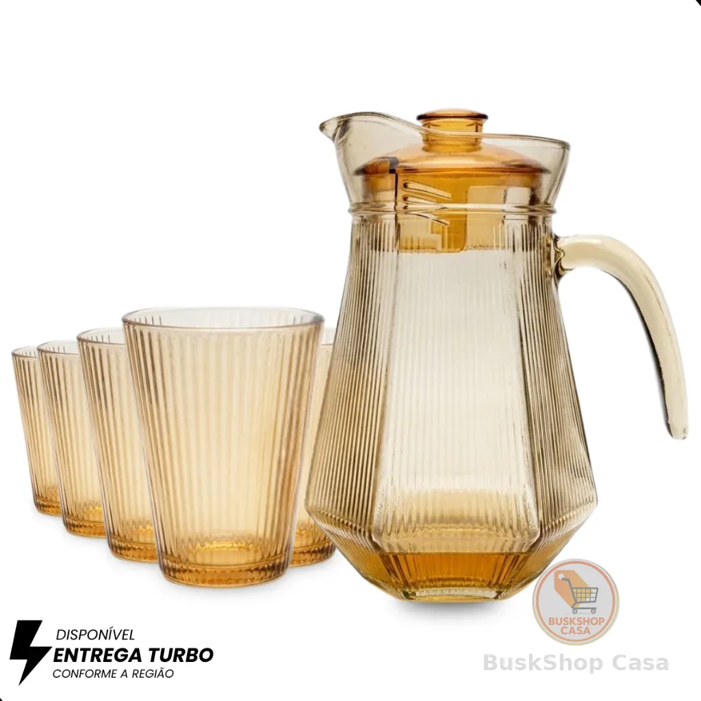 Conjunto de 1 Jarra de Vidro Âmbar com Tampa e 6 Copos – 7 Peças – Design Sofisticado e Resistente