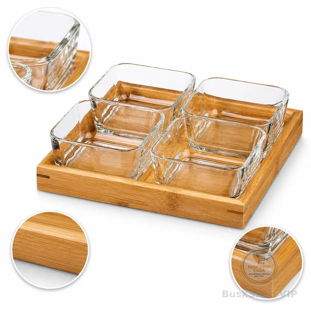 Kit Petisqueira 4 Bowls 290Ml Bandeja Bambu 04 travessas de vidro Aperitivo