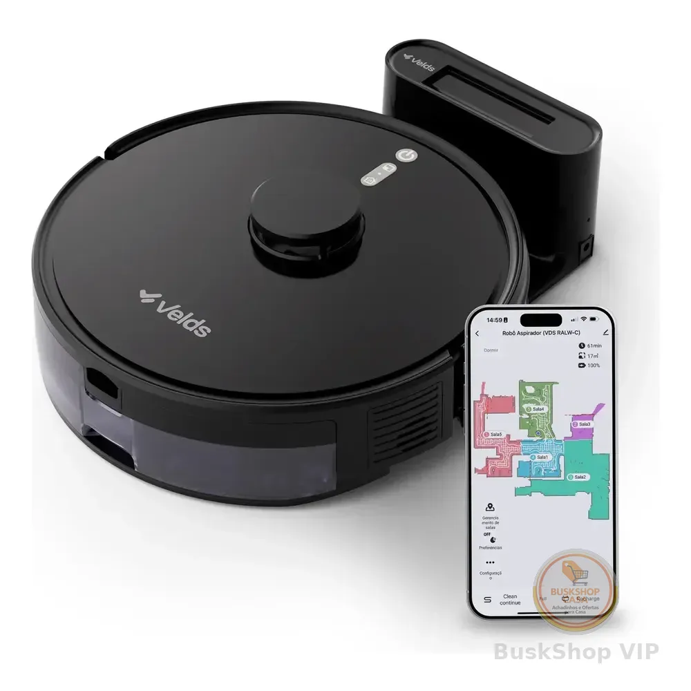 Robô Aspirador de Pó Velds 3 em 1 – Varre Aspira e Passa Pano com Mapeamento via App e Sensor Antiqueda, Preto