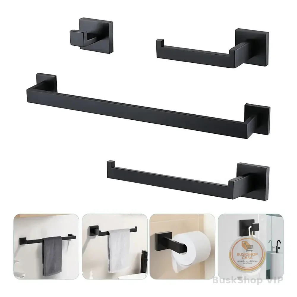 Kit Acessorio Para Banheiro 4 Peças Inox 304 Preto Fosco
