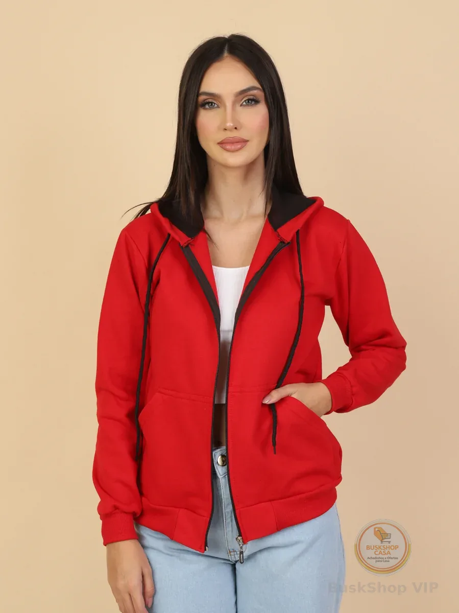 Blusa De Frio Casaco Moletom Feminina Com Ziper e Capuz Liso Várias Cores Com Plus Size