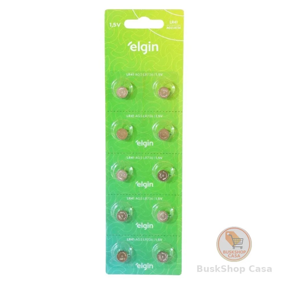 Bateria Alcalina com 10 unidades de 1, 5v tipo LR41, LR736, AG3 Elgin, Elgin, Baterias