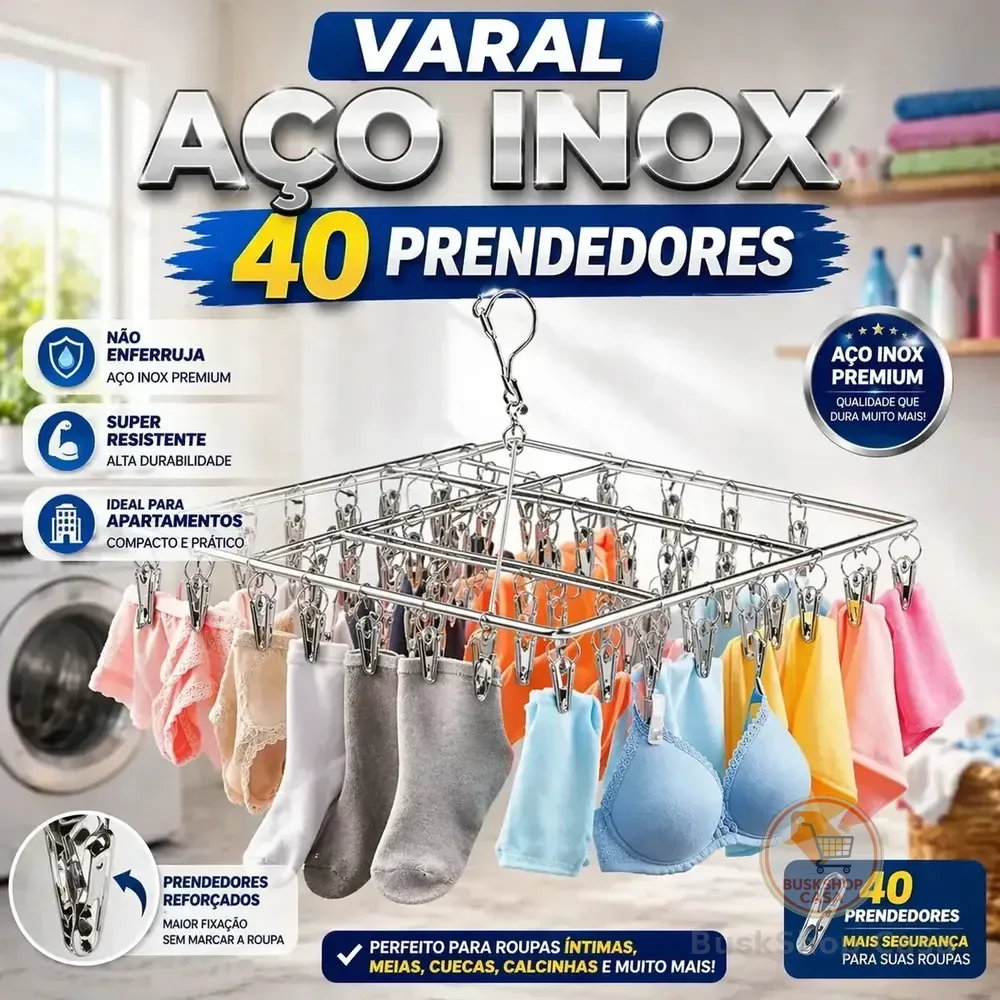 Varal Suspenso Para Roupas Íntimas Em Aço Inox Com 40 Prendedores Prateado
